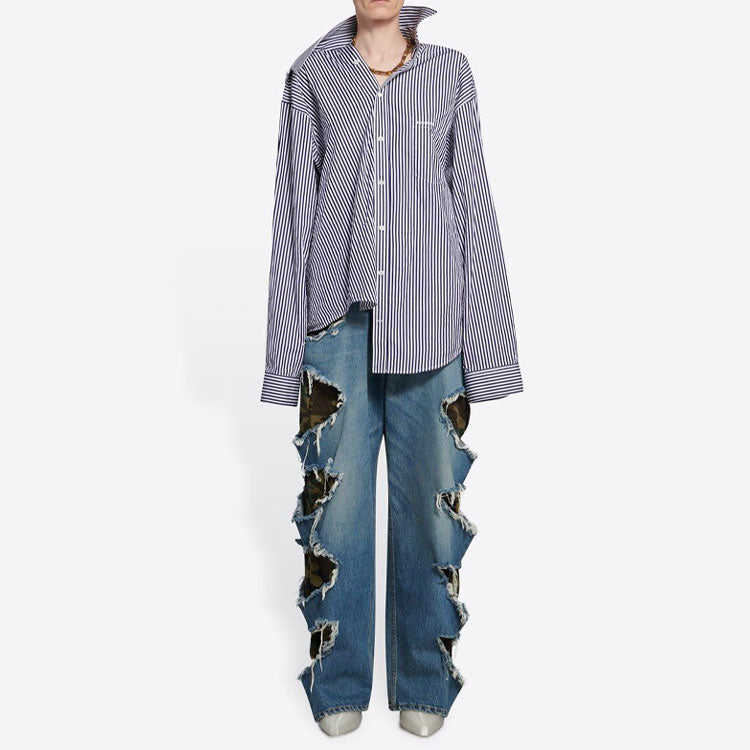 Balenciaga FW21 Stripe Long Sleeved Shirt Dark-Blue 663034TIM368502