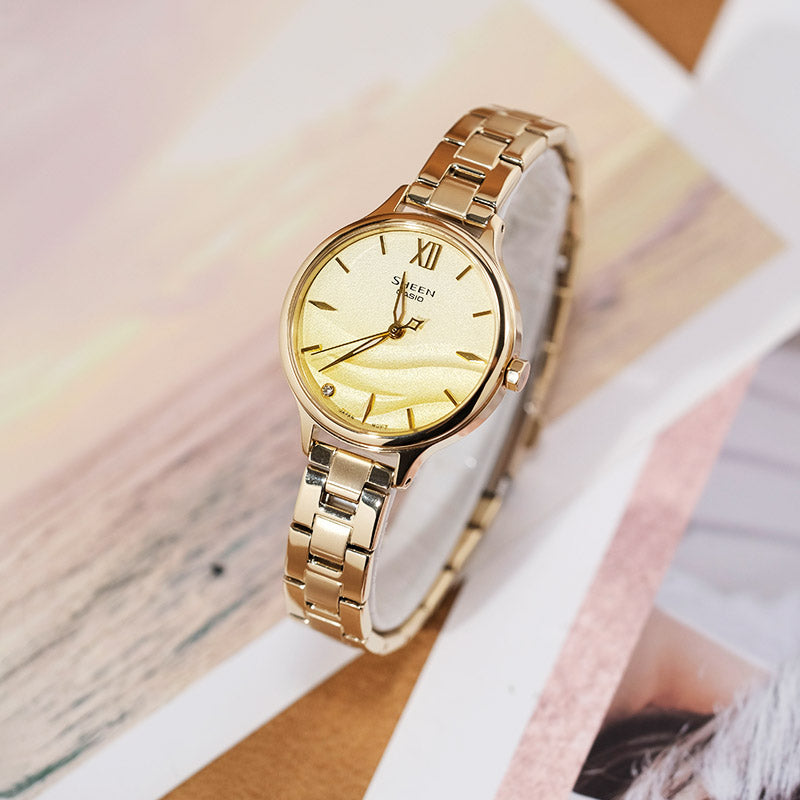 CASIO SEAWAVE Subject Fashion 3d Minimalistic Watch Sapphire Crystal Gradient Gold SHE-4550G-9AUPR