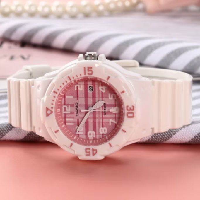 Waterproof Sports Pink Plaid Pink Analog LRW-200H-4C
