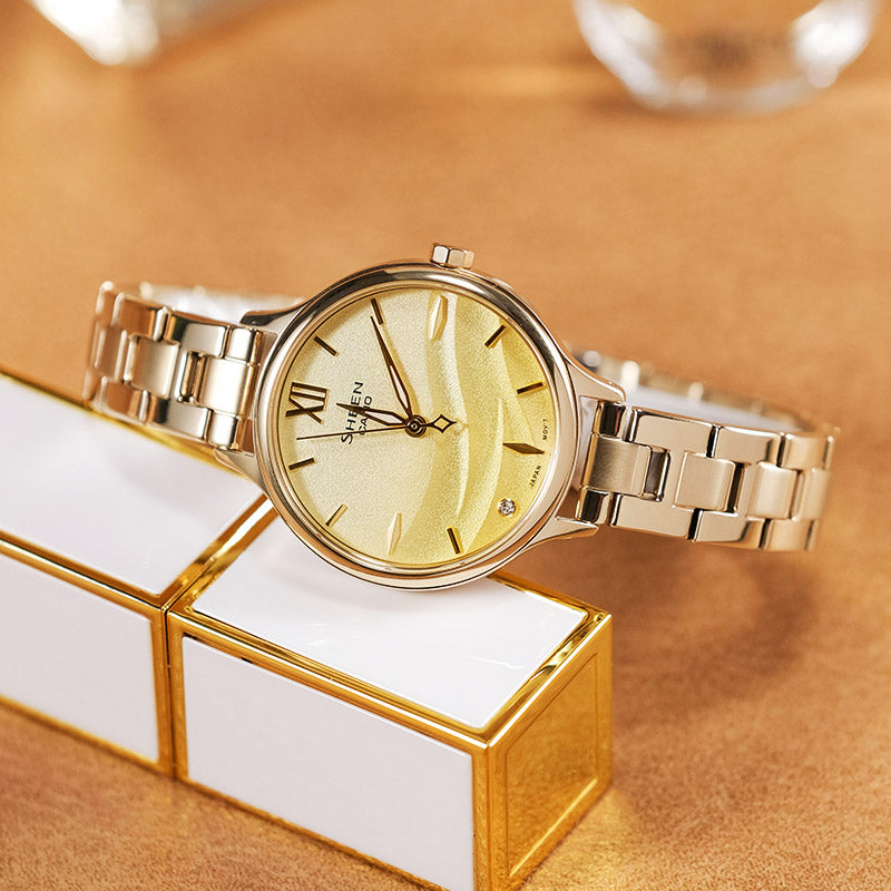 CASIO SEAWAVE Subject Fashion 3d Minimalistic Watch Sapphire Crystal Gradient Gold SHE-4550G-9AUPR