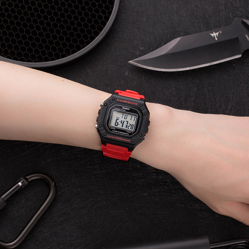 CASIO G Shock Quartz Sports Waterproof Mens BlackRed Digital W-218H-4B