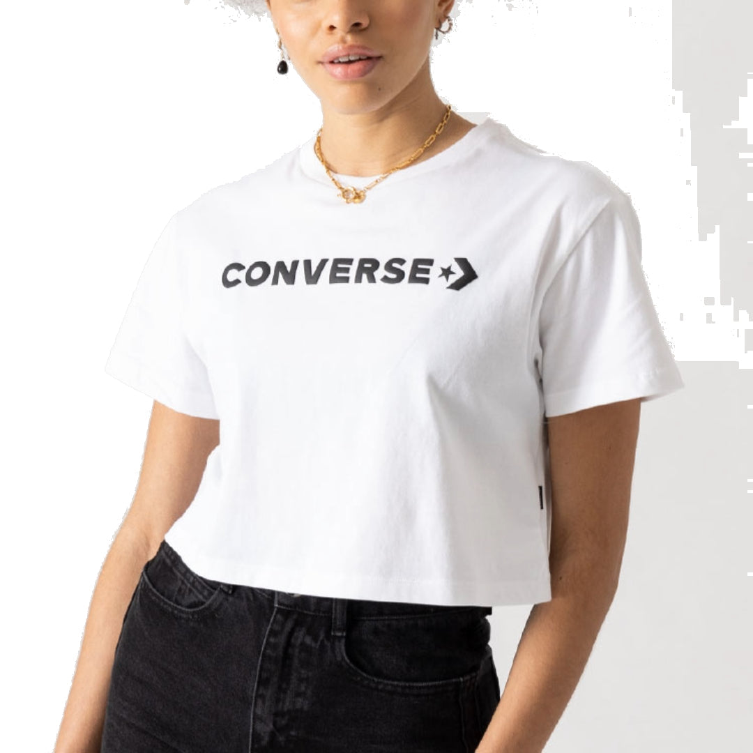(WMNS) Converse Puff Wordmark T-Shirt Asia Sizing 'White Black' 10021656-A05
