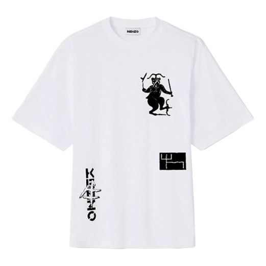 Men's KENZO China Series Logo Printing Pattern Loose Short Sleeve White FB55TS5034SA-01