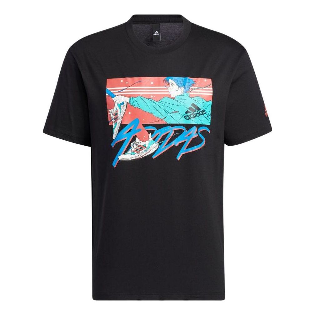 adidas Comics Alphabet Printing Round Neck Short Sleeve Japanese Version Black T-Shirt HI5940