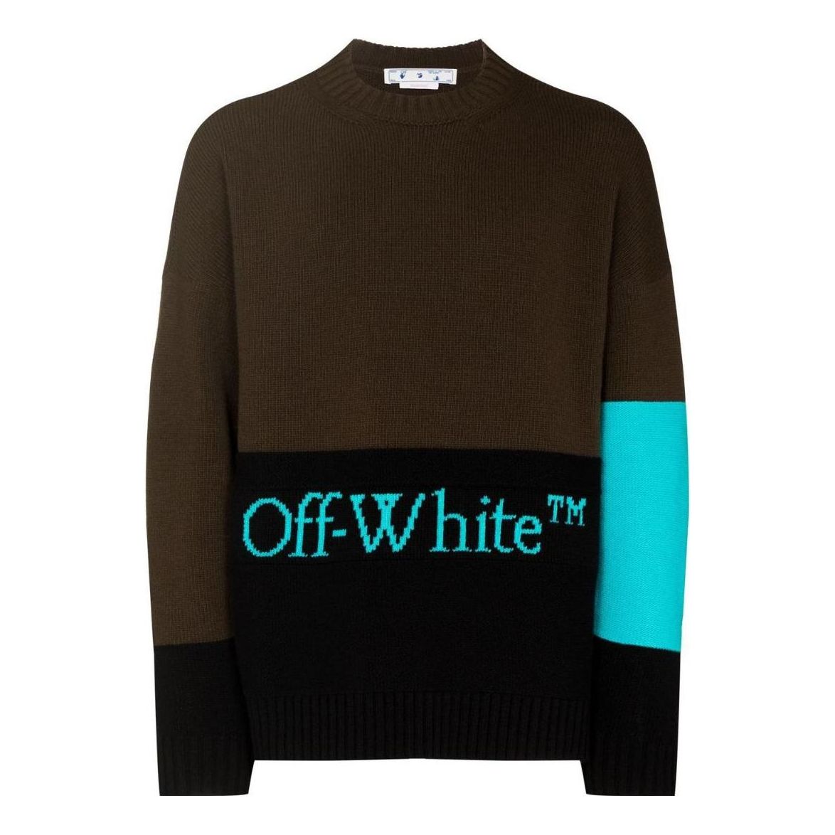 Men's Off-White FW22 Colorblock Logo Intarsia Round Neck Long Sleeves Wool Sweater Version Dark Brown OMHE048S22KNI0015643