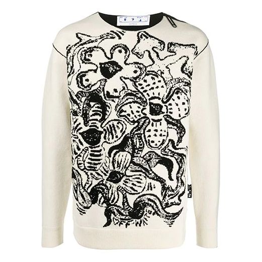 Men's Off-White FW22 Flowers Pattern Jacquard Round Neck Pullover Knit Wool Sweater Version White OMHE049E20KNI0010310