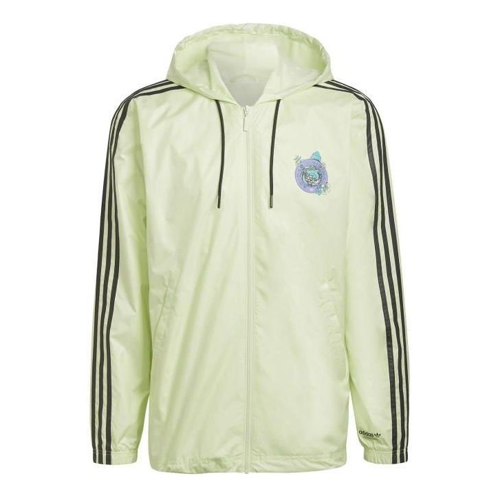 Men's adidas originals Zipper Stripe Alphabet Hooded Long Sleeves Sports Jacket Green HF4865