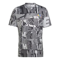Men's adidas Splicing Color Block Full Print Sports Gym Short Sleeve Gray T-Shirt HD6401