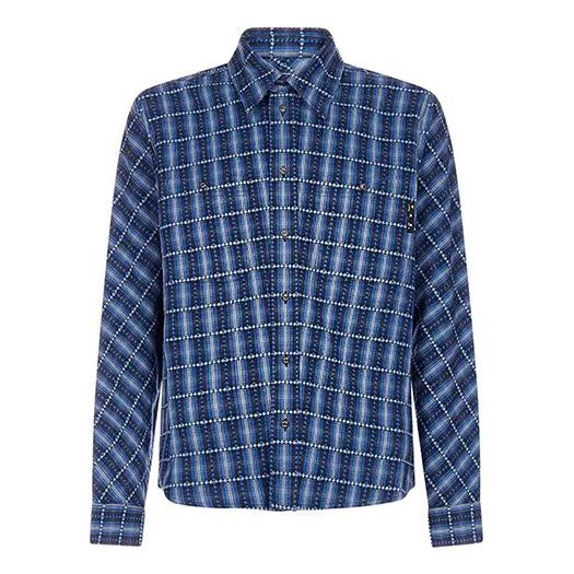 Men's Off-White Flannel Plaid Blue Shirt OMGA133F20FAB0014501