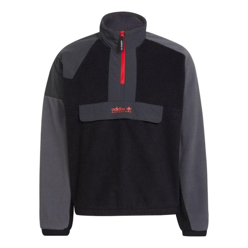 adidas originals Fleece Colorblock Half Zipper Stand Collar Jacket Black Gray HF4763