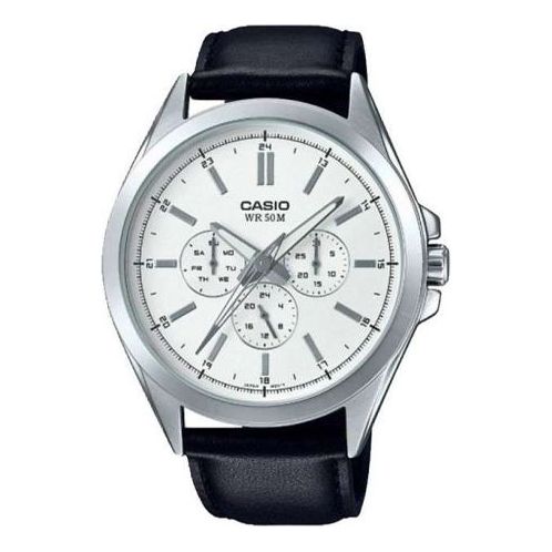 Men's CASIO Waterproof Quartz Watch Three Eyes Dial 46.5mm Black Belt Mens White Analog MTP-SW300L-7AVDF