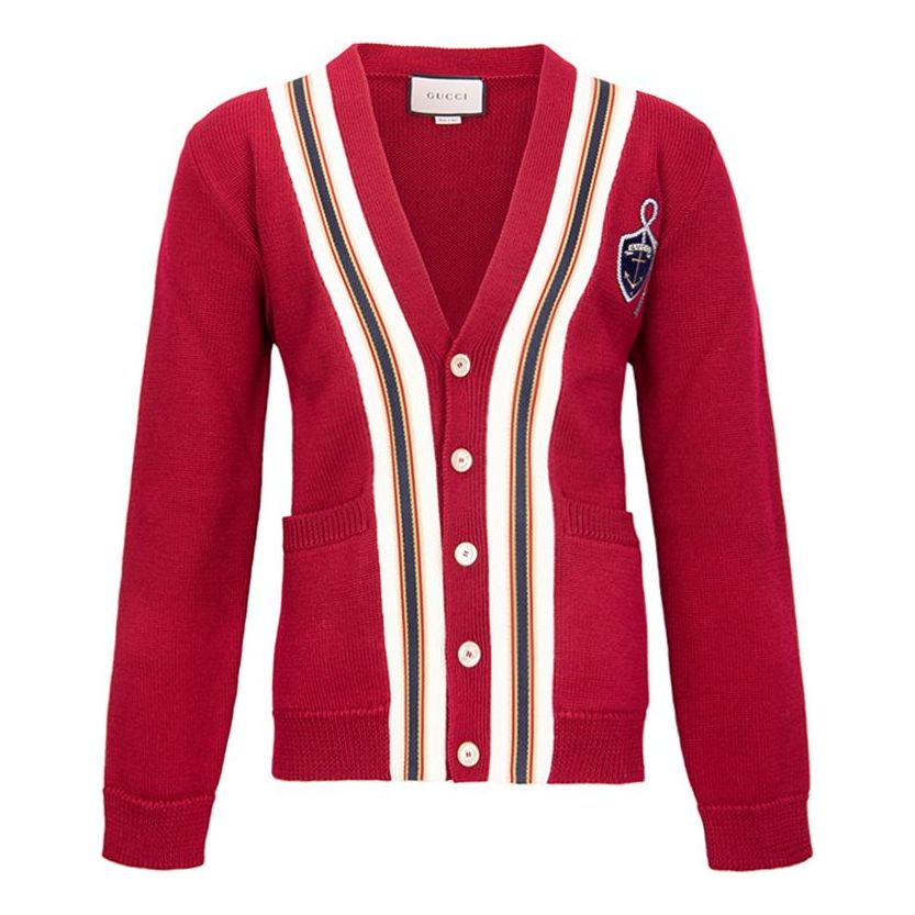 Men's Gucci Logo Badge Stripe Wool Knitting Cardigan Wool Sweater Red 545764-XKAEA-6066