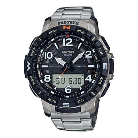 CASIO Bluetooth Waterproof Solar Powered Mens Silver Analog/Digital Combo PRT-B50T-7PR