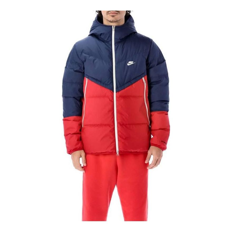 Men's Nike Colorblock Logo Casual Hooded With Down Feather Jacket Red Blue DD6795-410